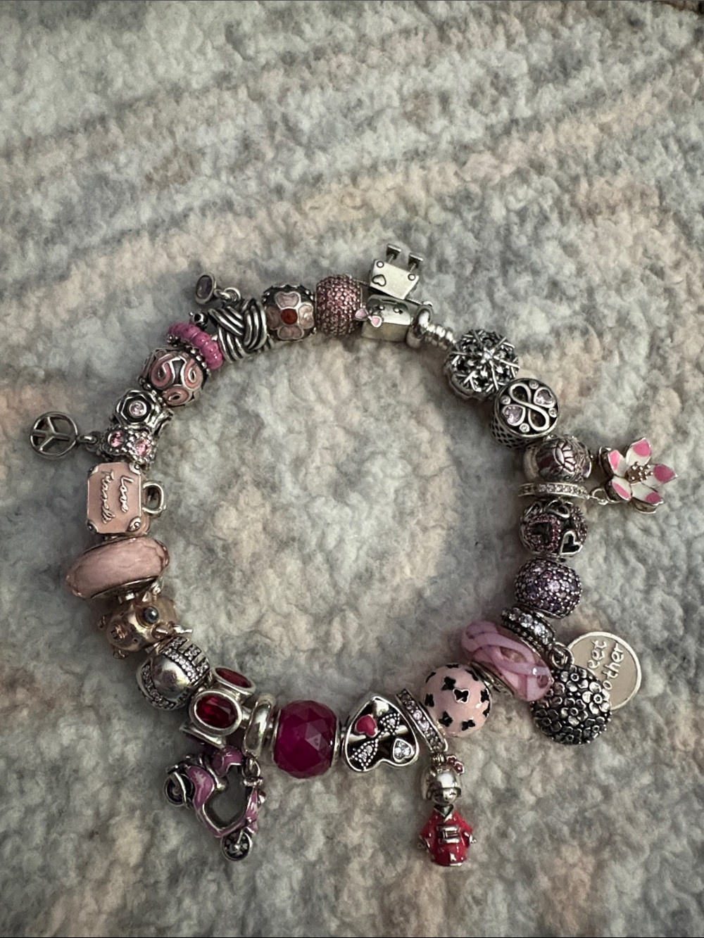 Pandora snowflake bangle with pink theme charms